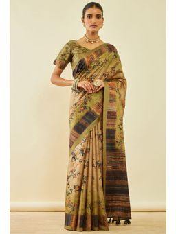 Soch - Womens Olive Rayon Floral Print Saree With Tassels With Unstitched Blouse