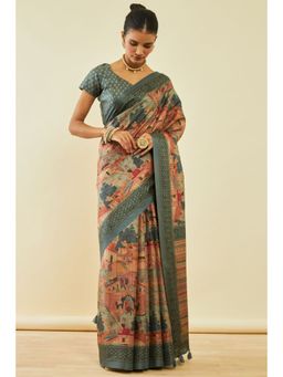 Soch - Womens Green Rayon Printed Saree With Tassels With Unstitched Blouse