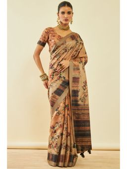 Soch - Womens Earth Rayon Floral Print Saree With Tassels With Unstitched Blouse