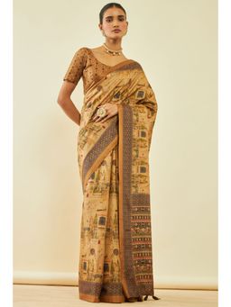 Soch - Womens Gold Rayon Abstract Print Saree With Tassels With Unstitched Blouse