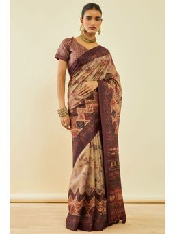 Soch - Womens Brown Rayon Floral Print Saree With Tassels With Unstitched Blouse