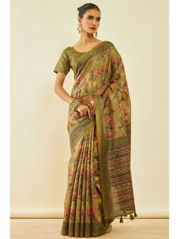 Soch - Womens Olive Rayon Printed Saree With Tassels With Unstitched Blouse