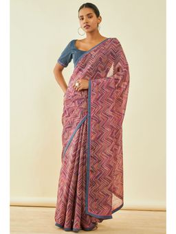 Soch - Womens Purple Chiffon Abstract Print Saree With Beads With Unstitched Blouse