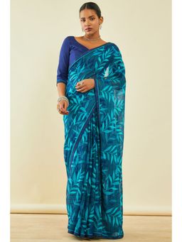 Soch - Womens Turquoise Blue Chiffon Botanical Print Saree With Beads With Unstitched Blouse