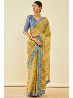 Soch - Womens Yellow Chiffon Abstract Print Saree With Unstitched Blouse