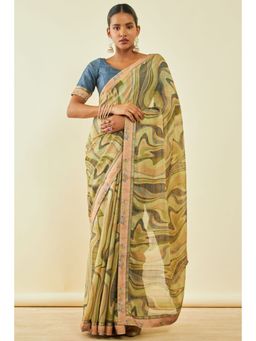 Soch - Womens Olive Chiffon Abstract Print Saree With Unstitched Blouse