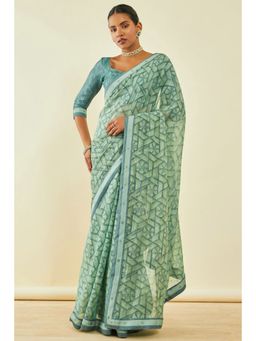Soch - Womens Sap Green Chiffon Abstract Print Saree With Beads With Unstitched Blouse