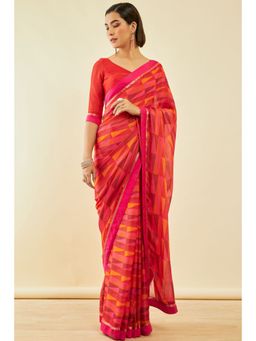 Soch - Womens Coral Chiffon Geometric Saree With Beads With Unstitched Blouse