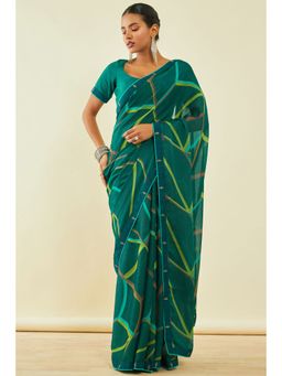 Soch - Womens Teal Chiffon Abstract Print Saree With Unstitched Blouse