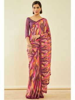 Soch - Womens Wine Chiffon Abstract Print Saree With Beads With Unstitched Blouse