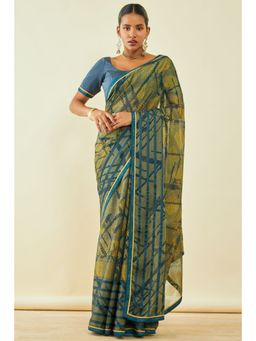 Soch - Womens Olive Chiffon Abstract Print Saree With Beads With Unstitched Blouse
