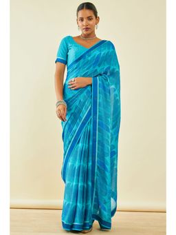 Soch - Womens Turquoise Blue Chiffon Geometric Saree With Beads With Unstitched Blouse