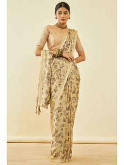 Soch - Womens Beige Georgette Floral Print Saree With Tassels With Unstitched Blouse