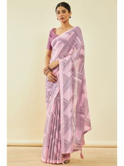 Soch - Womens Onion Pink Georgette Abstract Print Saree With Tassels With Unstitched Blouse