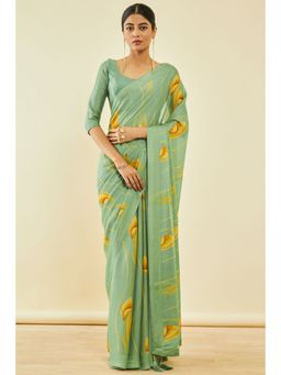 Soch - Womens Sap Green Georgette Abstract Print Saree With Tassels With Unstitched Blouse