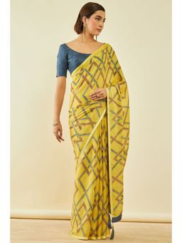 Soch - Womens Yellow Georgette Abstract Print Saree With Tassels With Unstitched Blouse