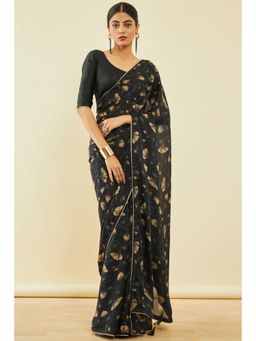 Soch - Womens Black Georgette Floral Print Saree With Tassels With Unstitched Blouse
