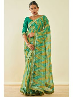 Soch - Womens Green Chiffon Abstract Print Saree With Unstitched Blouse