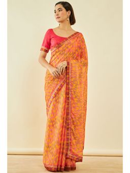Soch - Womens Orange Chiffon Geometric Saree With Unstitched Blouse
