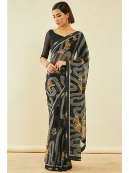 Soch - Womens Black Chiffon Floral Print Saree With Unstitched Blouse