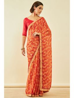 Soch - Womens Rust Chiffon Abstract Print Saree With Unstitched Blouse
