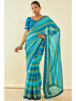 Soch - Womens Turquoise Blue Chiffon Stripes Saree With Unstitched Blouse