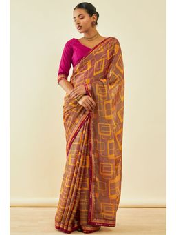 Soch - Womens Magenta Chiffon Geometric Saree With Unstitched Blouse