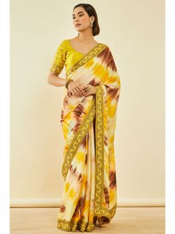 Soch - Womens Yellow Crepe Abstract Print Saree With Zari With Unstitched Blouse
