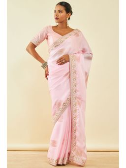 Soch - Womens Pink Crepe Saree With Thread Work With Unstitched Blouse