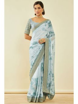 Soch - Womens Teal Crepe Abstract Print Saree With Unstitched Blouse