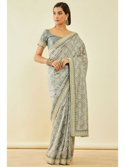 Soch - Womens Grey Tussar Silk Bandhani Print Saree With Zari With Unstitched Blouse