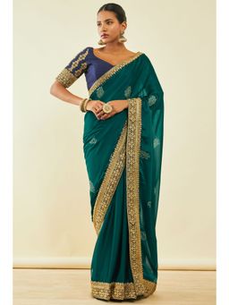 Soch - Womens Green Georgette Saree With Mukaish Work With Unstitched Blouse
