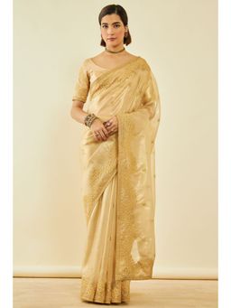 Soch - Womens Gold Tissue Embroidered Saree With Thread Work With Unstitched Blouse