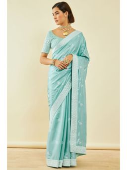 Soch - Womens Powder Blue Georgette Embroidered Saree With Tassels With Unstitched Blouse