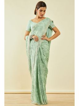 Soch - Womens Sap Green Georgette Floral Print Saree With Beads And Stones With Unstitched Blouse
