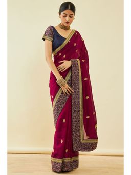 Soch - Womens Magenta Tussar Silk Embroidered Saree With Zari With Unstitched Blouse