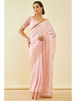 Soch - Womens Peach Organza Solid Saree With Embroidered With Unstitched Blouse