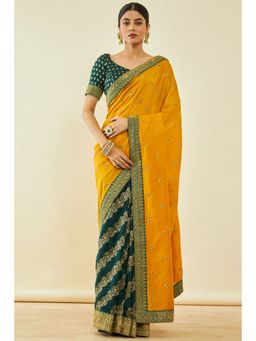 Soch - Womens Mustard Tussar Silk Embroidered Saree With Unstitched Blouse