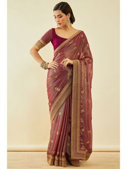 Soch - Womens Wine Chiffon Embroidered Saree With Zari With Unstitched Blouse