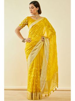 Soch - Womens Yellow Organza Embroidered Saree With Thread Work With Unstitched Blouse