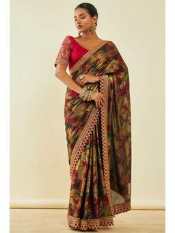 Soch - Womens Maroon Georgette Floral Print Saree With Zari With Unstitched Blouse