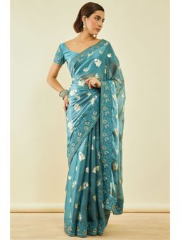 Soch - Womens Teal Tissue Embroidered Saree With Zari With Unstitched Blouse