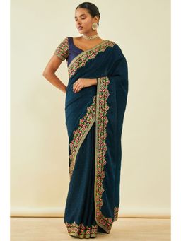 Soch - Womens Navy Blue Crepe Saree With Beads And Stones With Unstitched Blouse