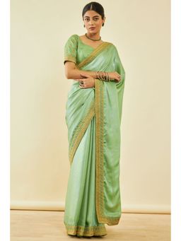 Soch - Womens Light Green Chiffon Self Print Saree With Zari With Unstitched Blouse