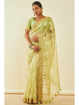 Soch - Womens Light Green Net Floral Print Saree With Zari With Unstitched Blouse