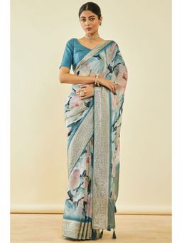 Soch - Womens Grey Organza Floral Print Saree With Tassels With Unstitched Blouse