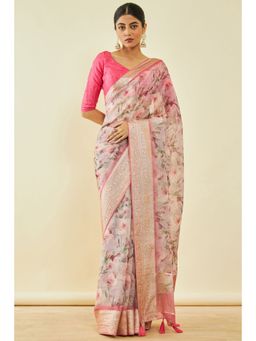 Soch - Womens Pink Organza Floral Print Saree With Tassels With Unstitched Blouse