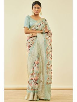 Soch - Womens Sap Green Organza Floral Print Saree With Tassels With Unstitched Blouse