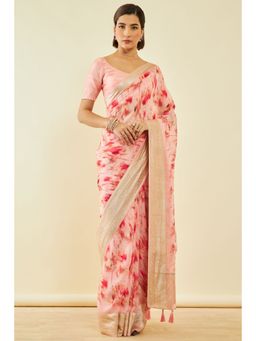 Soch - Womens Peach Organza Floral Print Saree With Tassels With Unstitched Blouse