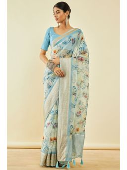 Soch - Womens Turquoise Blue Organza Floral Print Saree With Tassels With Unstitched Blouse